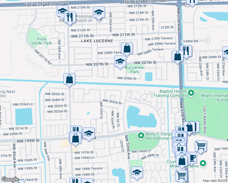 map of restaurants, bars, coffee shops, grocery stores, and more near 3243 Northwest 203rd Lane in Miami Gardens