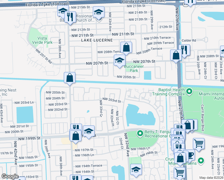 map of restaurants, bars, coffee shops, grocery stores, and more near 3243 Northwest 203rd Lane in Miami Gardens
