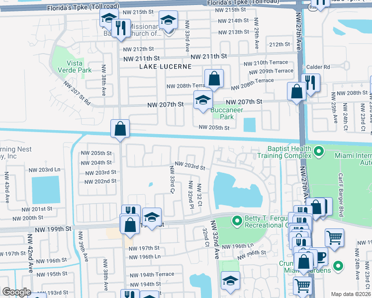 map of restaurants, bars, coffee shops, grocery stores, and more near 3243 Northwest 203rd Lane in Miami Gardens