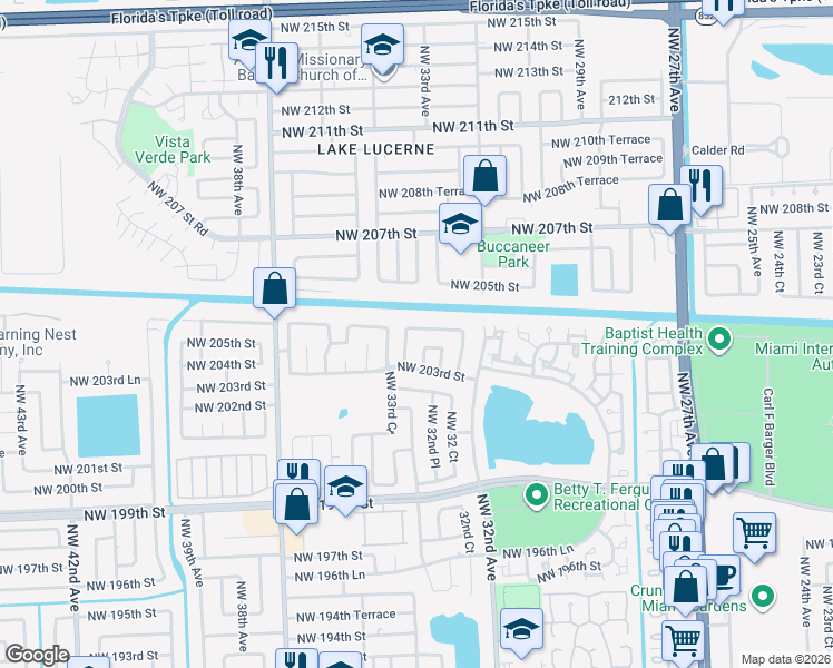 map of restaurants, bars, coffee shops, grocery stores, and more near 20418 Northwest 33rd Avenue in Miami Gardens
