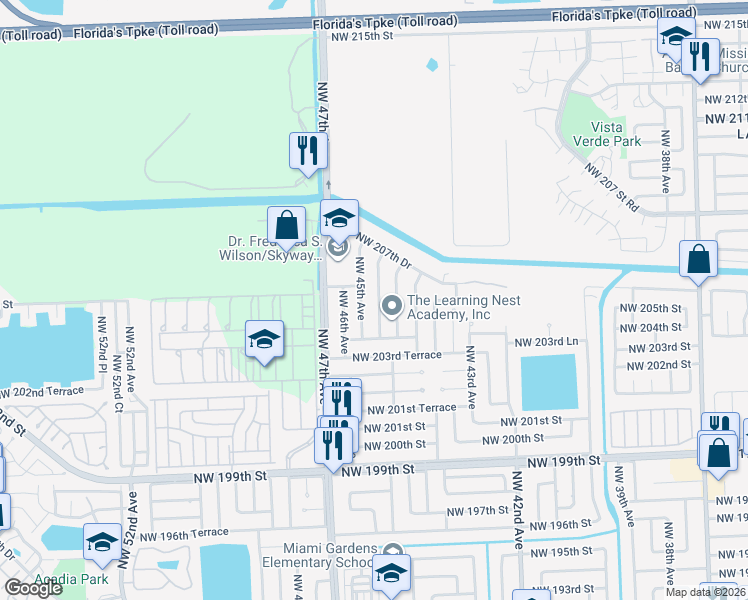 map of restaurants, bars, coffee shops, grocery stores, and more near 20462 Northwest 44th Court in Miami Gardens