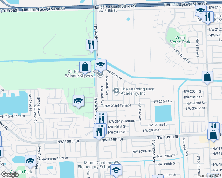 map of restaurants, bars, coffee shops, grocery stores, and more near 20462 Northwest 44th Court in Miami Gardens