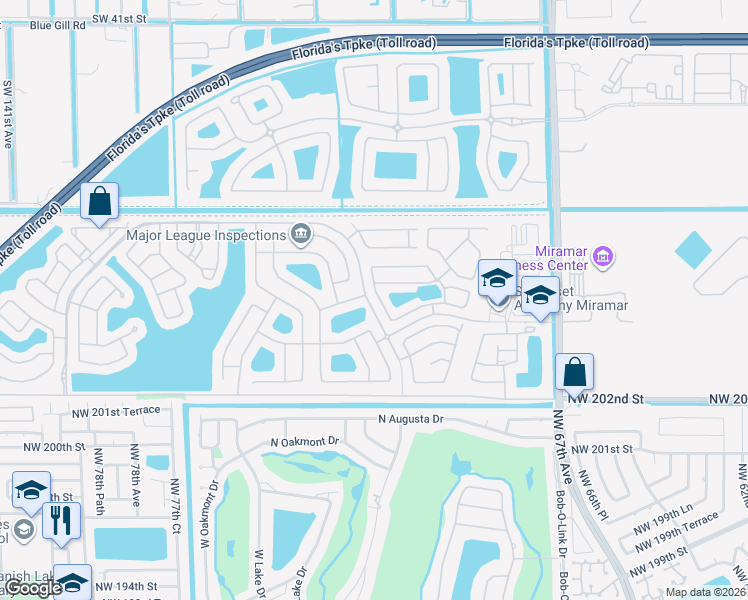 map of restaurants, bars, coffee shops, grocery stores, and more near 12900 Southwest 52nd Street in Miramar