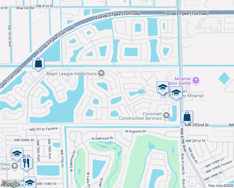 map of restaurants, bars, coffee shops, grocery stores, and more near 12900 Southwest 52nd Street in Miramar