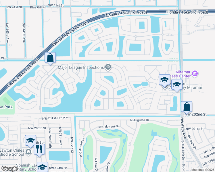 map of restaurants, bars, coffee shops, grocery stores, and more near 13213 Southwest 52nd Street in Miramar