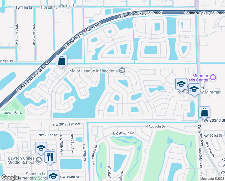 map of restaurants, bars, coffee shops, grocery stores, and more near 13341 Southwest 52nd Court in Miramar
