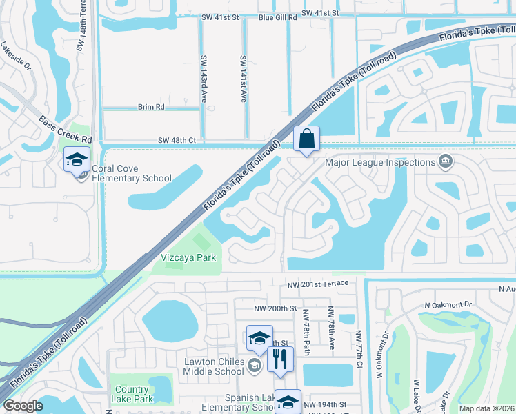map of restaurants, bars, coffee shops, grocery stores, and more near 14150 Southwest 52nd Street in Miramar