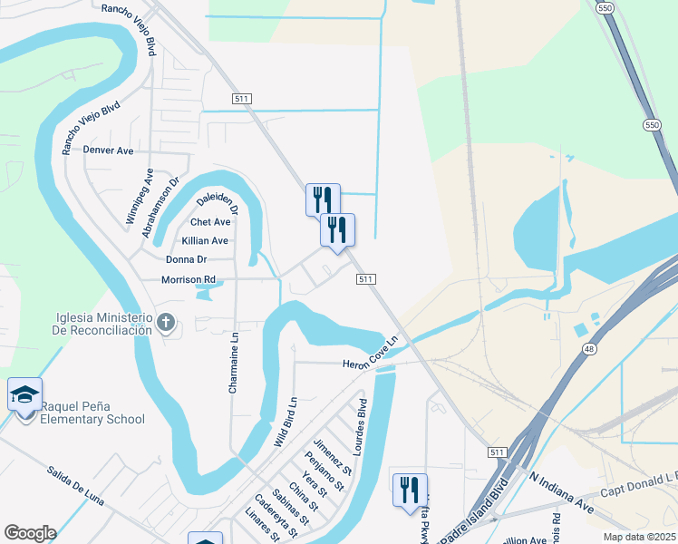map of restaurants, bars, coffee shops, grocery stores, and more near 6005 Danubio Court in Brownsville