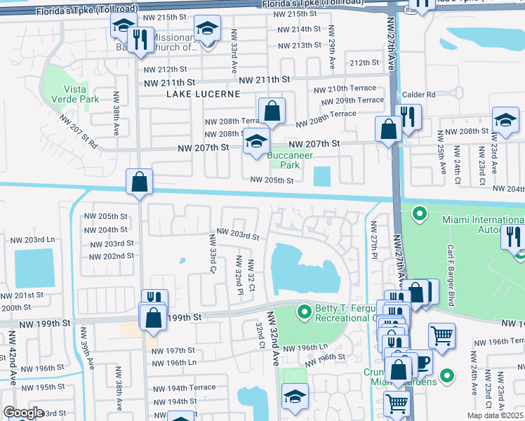 map of restaurants, bars, coffee shops, grocery stores, and more near 20410 Northwest 32nd Avenue in Miami Gardens