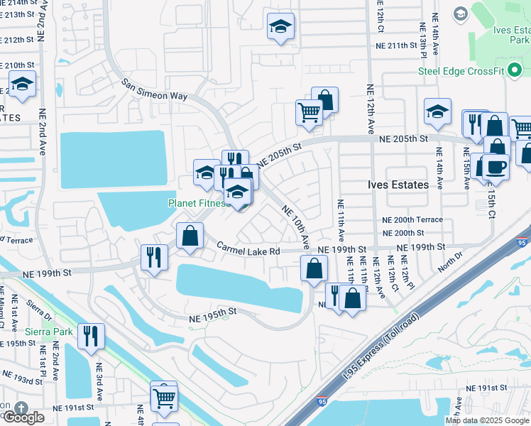 map of restaurants, bars, coffee shops, grocery stores, and more near 917 Northeast 199th Street in North Miami Beach