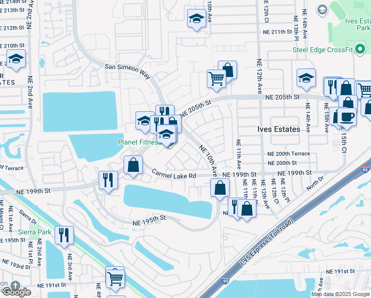 map of restaurants, bars, coffee shops, grocery stores, and more near 821 Northeast 199th Street in North Miami Beach