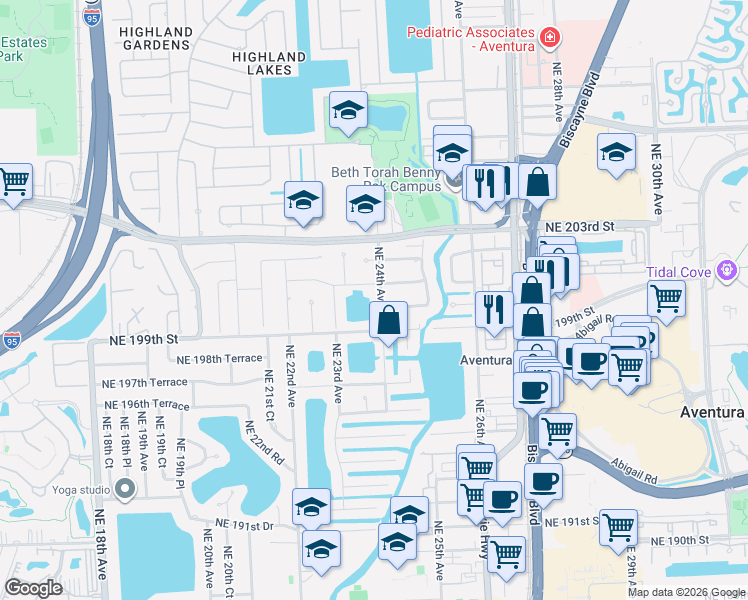 map of restaurants, bars, coffee shops, grocery stores, and more near 19930 Northeast 24th Avenue in Miami