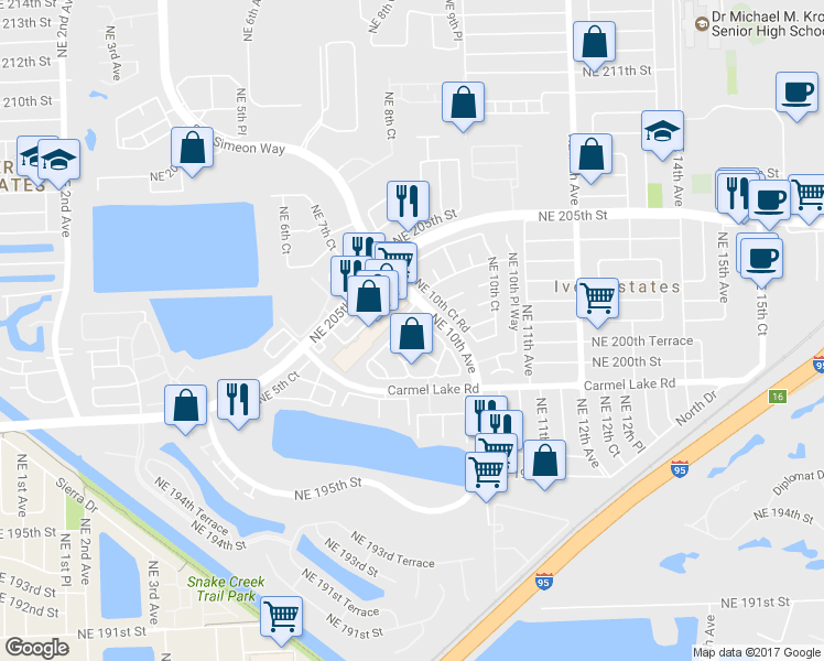 map of restaurants, bars, coffee shops, grocery stores, and more near 917 Northeast 199th Street in North Miami Beach