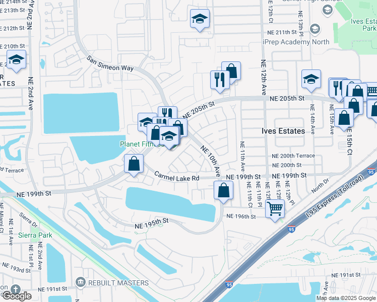 map of restaurants, bars, coffee shops, grocery stores, and more near 821 Northeast 199th Street in North Miami Beach