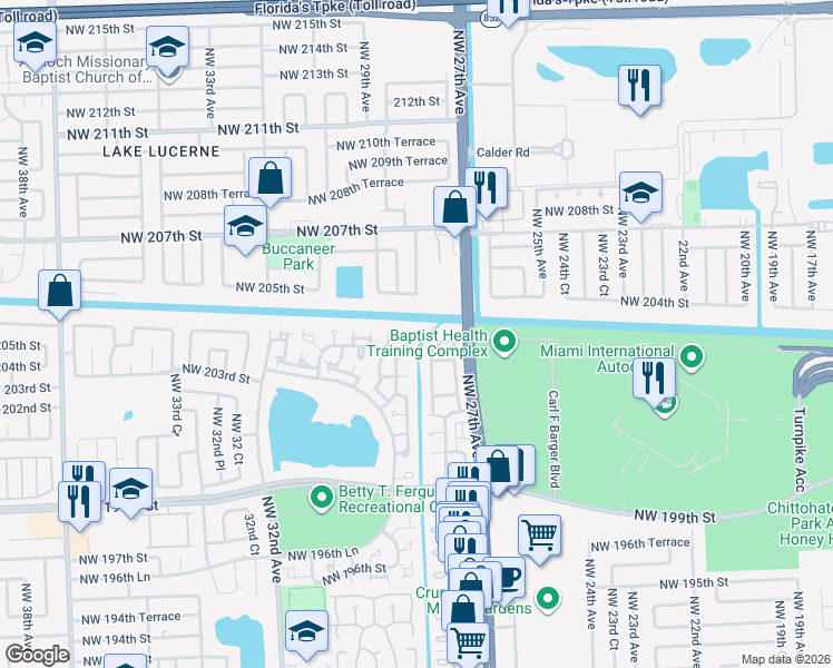map of restaurants, bars, coffee shops, grocery stores, and more near 20457 Northwest 28th Court in Miami Gardens