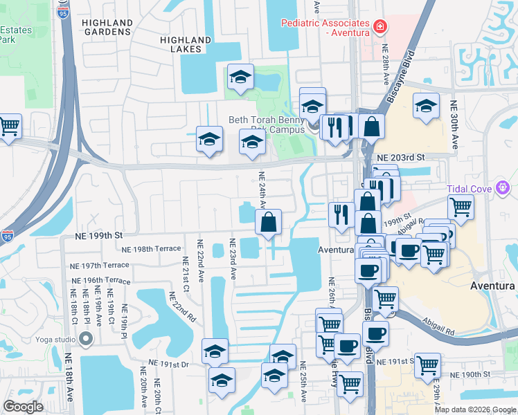 map of restaurants, bars, coffee shops, grocery stores, and more near 19930 Northeast 24th Avenue in Miami