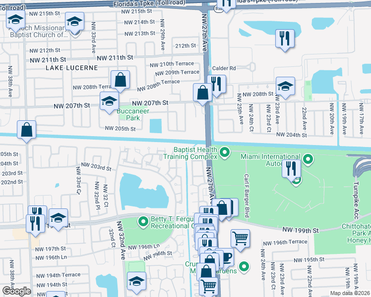 map of restaurants, bars, coffee shops, grocery stores, and more near 20457 Northwest 28th Court in Miami Gardens