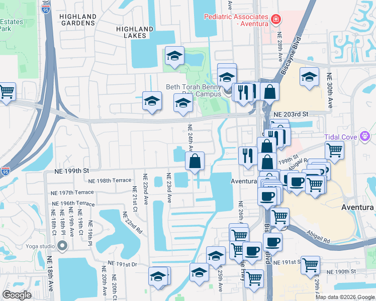 map of restaurants, bars, coffee shops, grocery stores, and more near 19930 Northeast 24th Avenue in Miami