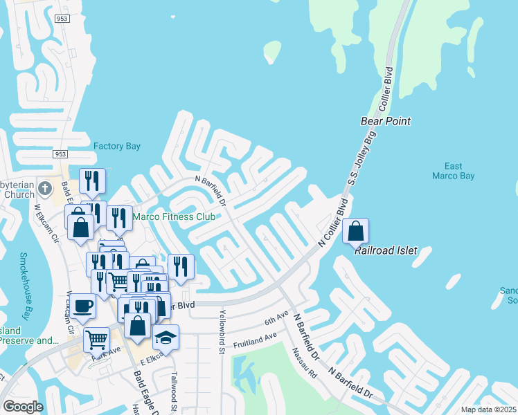 map of restaurants, bars, coffee shops, grocery stores, and more near Martinique Court in Marco Island