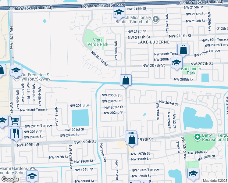 map of restaurants, bars, coffee shops, grocery stores, and more near 3761 Northwest 205th Street in Miami Gardens