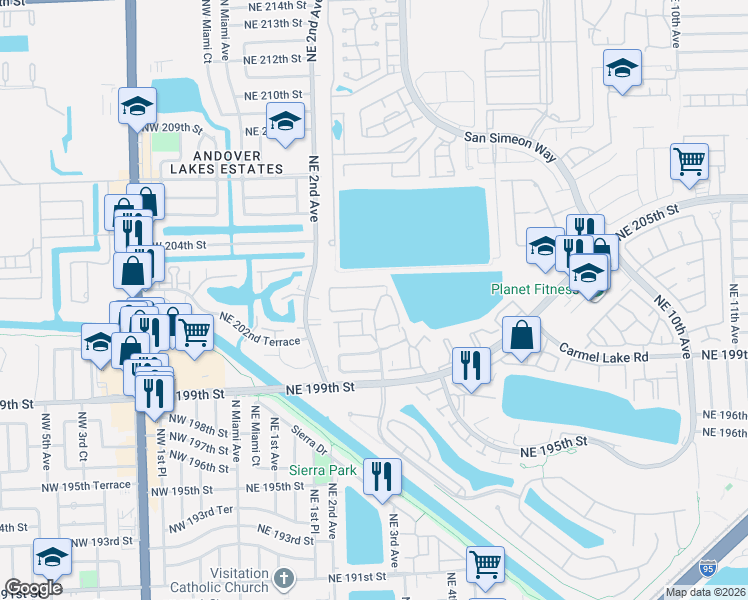map of restaurants, bars, coffee shops, grocery stores, and more near 20105 Northeast 2nd Court in Miami