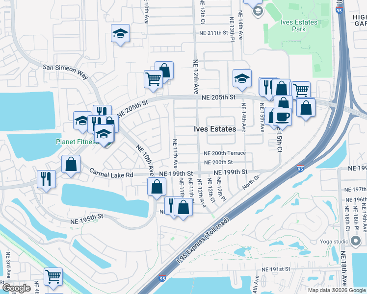 map of restaurants, bars, coffee shops, grocery stores, and more near 1121 Northeast 200th Terrace in Miami