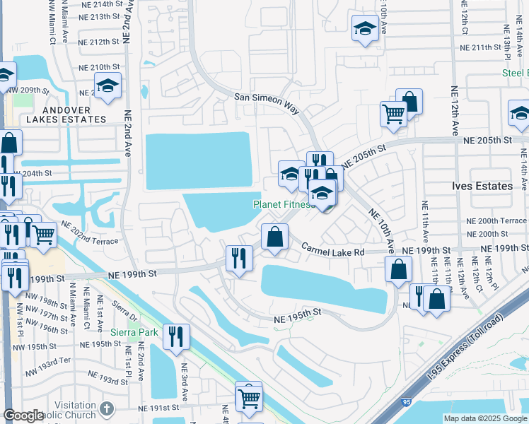 map of restaurants, bars, coffee shops, grocery stores, and more near 20036 Northeast 6th Court Circle in Miami