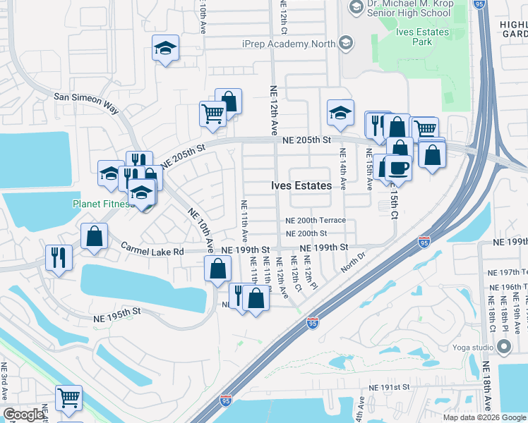 map of restaurants, bars, coffee shops, grocery stores, and more near 1121 Northeast 200th Terrace in Miami