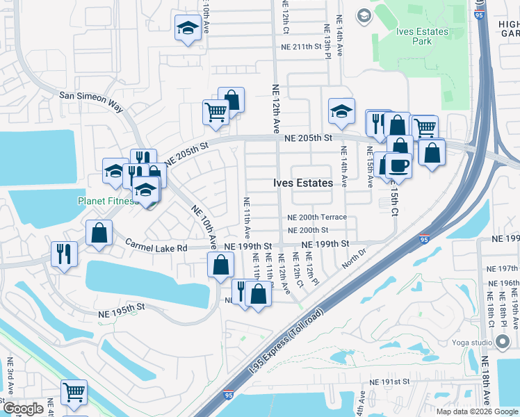 map of restaurants, bars, coffee shops, grocery stores, and more near 1121 Northeast 200th Terrace in Miami