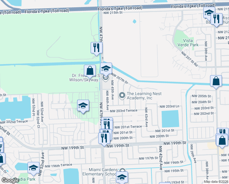 map of restaurants, bars, coffee shops, grocery stores, and more near 20460 Northwest 45th Avenue in Miami Gardens
