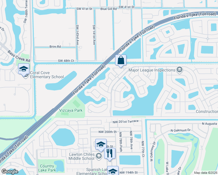 map of restaurants, bars, coffee shops, grocery stores, and more near 14049 Southwest 51st Lane in Miramar