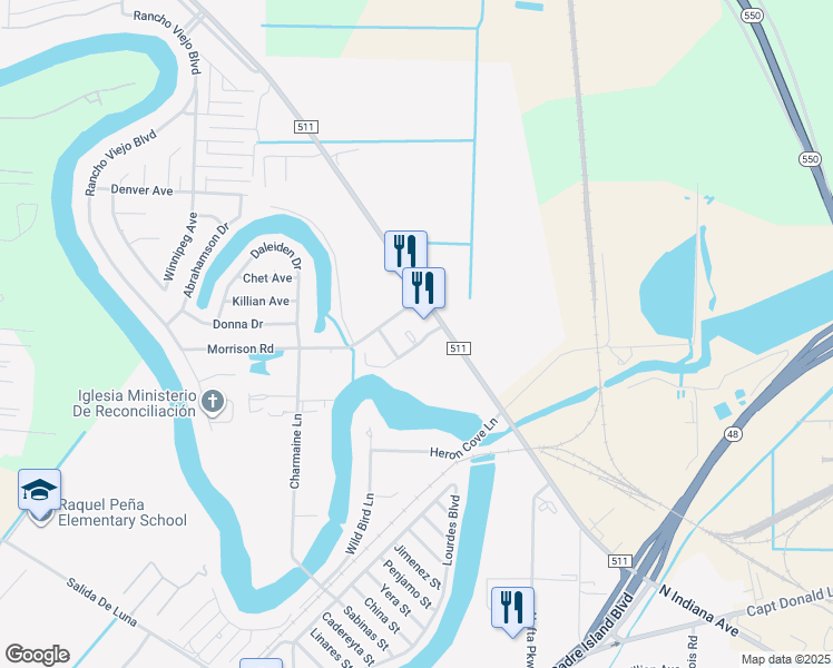 map of restaurants, bars, coffee shops, grocery stores, and more near 6005 Danubio Court in Brownsville