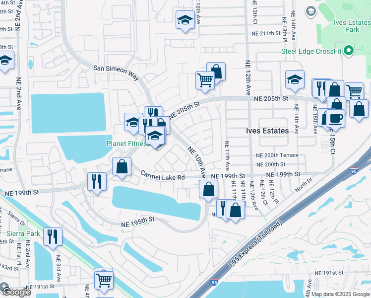 map of restaurants, bars, coffee shops, grocery stores, and more near 917 Northeast 199th Street in North Miami Beach