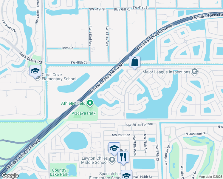 map of restaurants, bars, coffee shops, grocery stores, and more near 14150 Southwest 52nd Street in Miramar