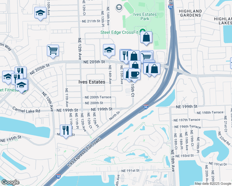 map of restaurants, bars, coffee shops, grocery stores, and more near 1413 Northeast 200th Terrace in Miami
