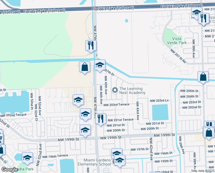 map of restaurants, bars, coffee shops, grocery stores, and more near 20460 Northwest 45th Avenue in Miami Gardens