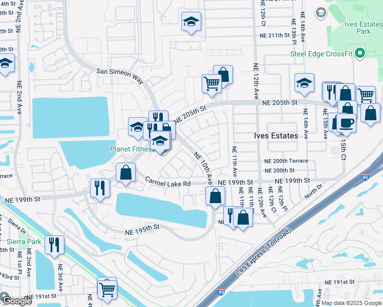 map of restaurants, bars, coffee shops, grocery stores, and more near 917 Northeast 199th Street in North Miami Beach