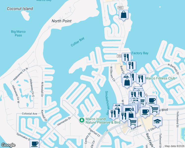 map of restaurants, bars, coffee shops, grocery stores, and more near 670 Rockport Court in Marco Island