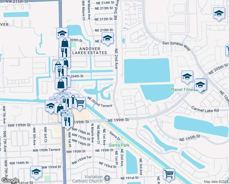 map of restaurants, bars, coffee shops, grocery stores, and more near 20310 Northeast 2nd Avenue in Miami Gardens