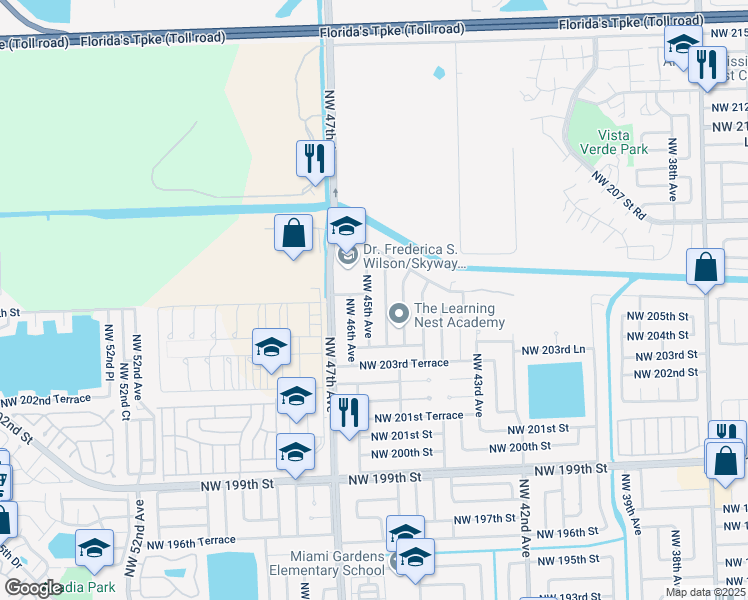 map of restaurants, bars, coffee shops, grocery stores, and more near 20460 Northwest 45th Avenue in Miami Gardens
