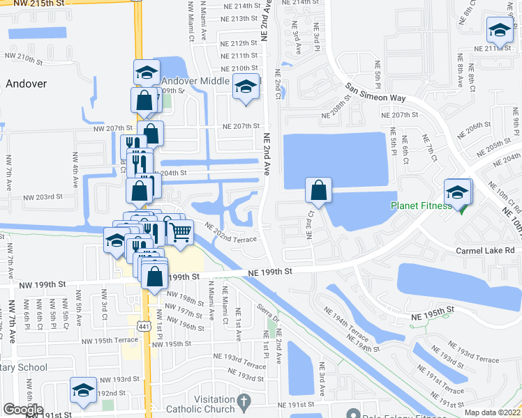 map of restaurants, bars, coffee shops, grocery stores, and more near 20310 Northeast 2nd Avenue in Miami Gardens