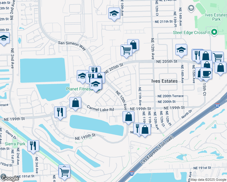map of restaurants, bars, coffee shops, grocery stores, and more near 917 Northeast 199th Street in North Miami Beach