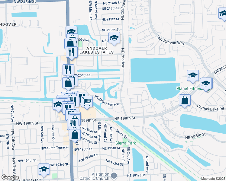 map of restaurants, bars, coffee shops, grocery stores, and more near 20310 Northeast 2nd Avenue in Miami Gardens
