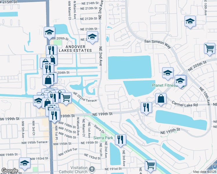map of restaurants, bars, coffee shops, grocery stores, and more near 261 Northeast 201st Terrace in Miami