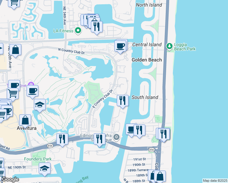 map of restaurants, bars, coffee shops, grocery stores, and more near 3780 Northeast 199th Terrace in Aventura