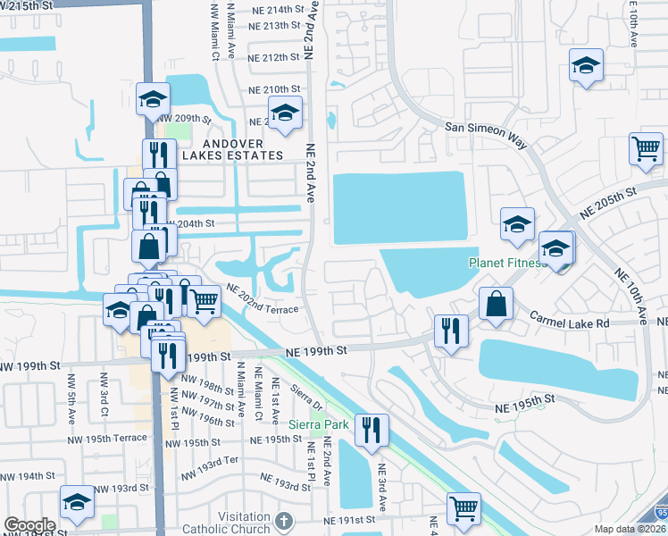 map of restaurants, bars, coffee shops, grocery stores, and more near 261 Northeast 201st Terrace in Miami