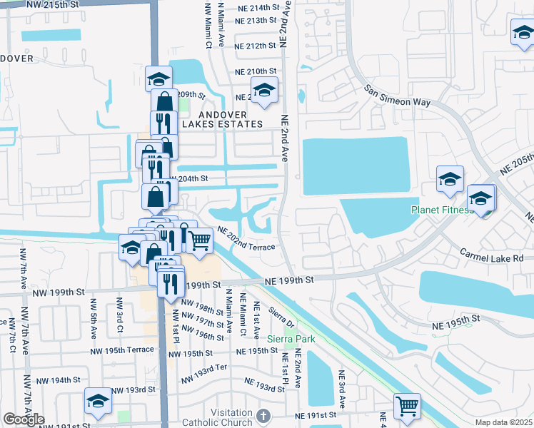 map of restaurants, bars, coffee shops, grocery stores, and more near 20310 Northeast 2nd Avenue in Miami Gardens