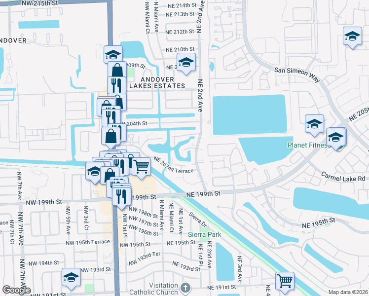 map of restaurants, bars, coffee shops, grocery stores, and more near 20310 Northeast 2nd Avenue in Miami Gardens