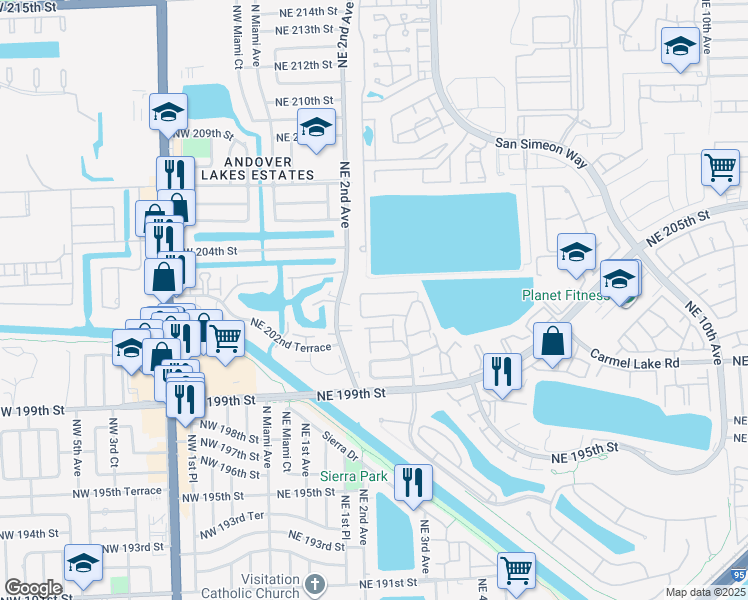 map of restaurants, bars, coffee shops, grocery stores, and more near 20310 Northeast 3rd Court in North Miami Beach