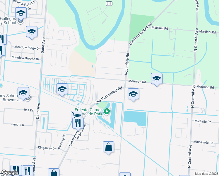 map of restaurants, bars, coffee shops, grocery stores, and more near 3631 Old Port Isabel Road in Brownsville